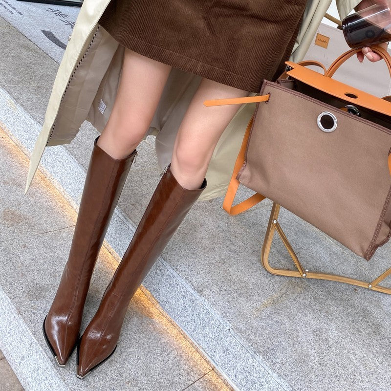 Soft Leather Pointed Toe Thick High Heel Long Boots